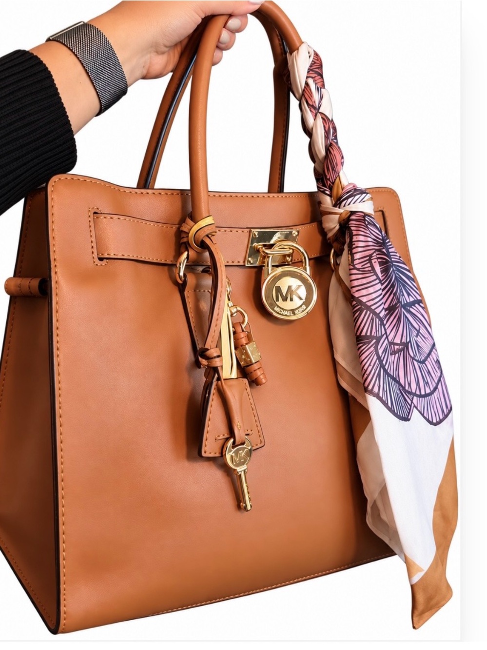 Michael Kors Hamilton Large Satchel Cognac Brown Leather Gold Hardware Purse